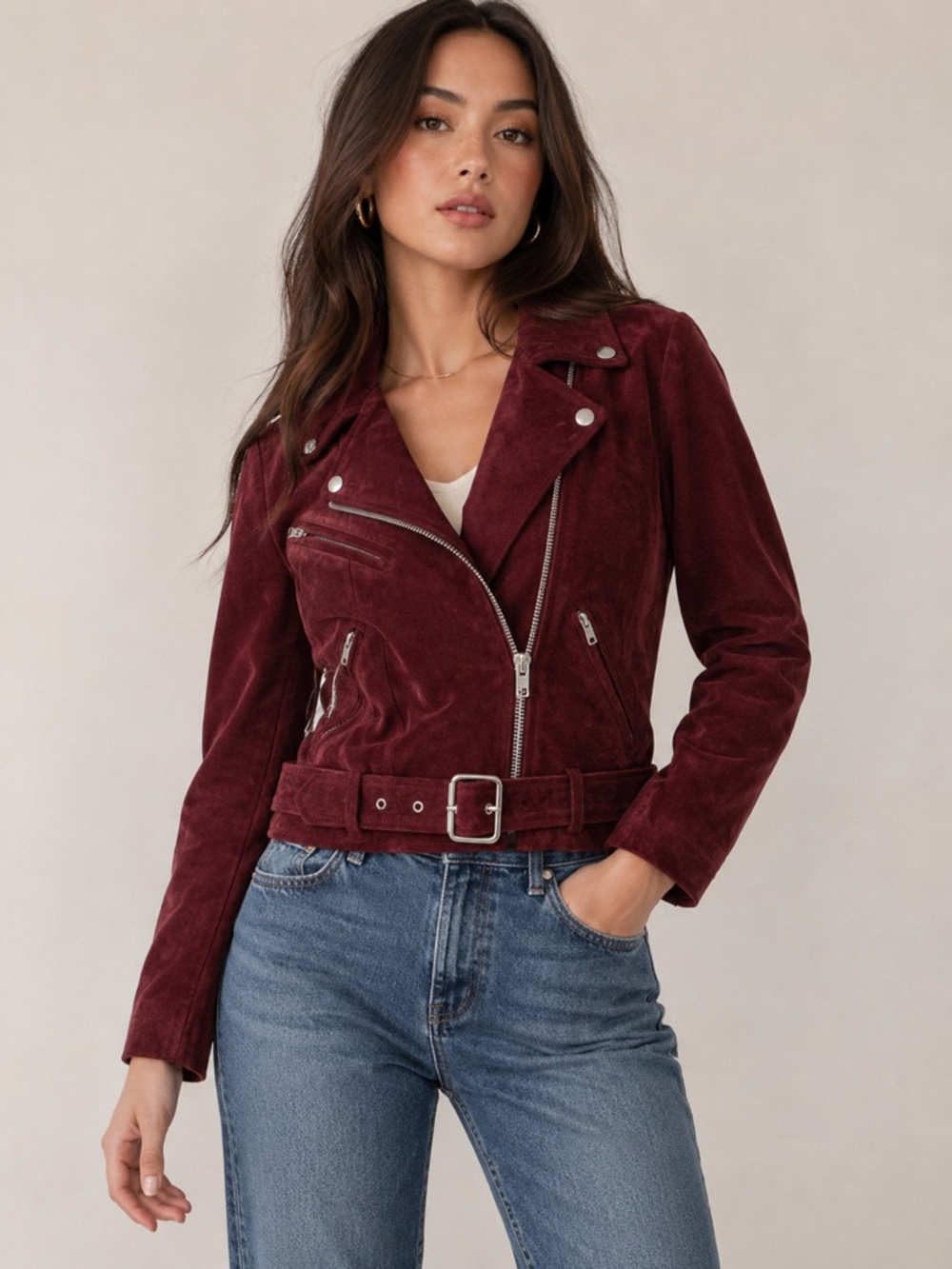 Vigoss Burgundy Suede Leather Moto Jacket Women’s Size M